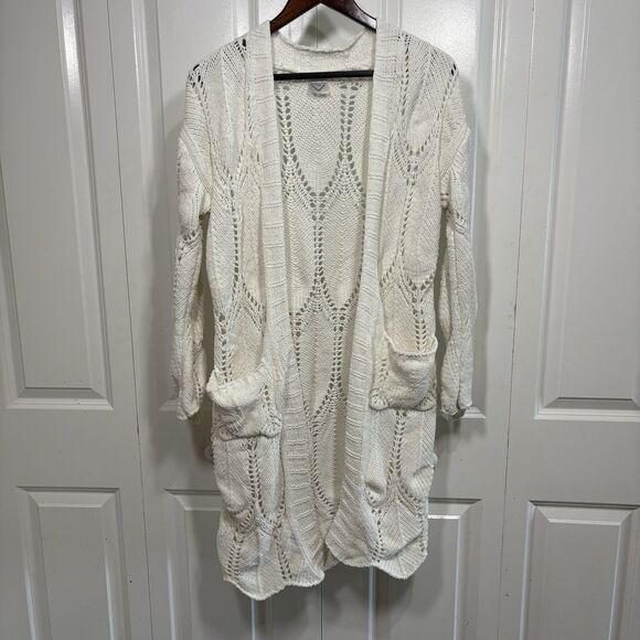 Freshman 1996 Cardigan Womens M White Chunky Knit Long Open Front Boho Cozy - Picture 1 of 8